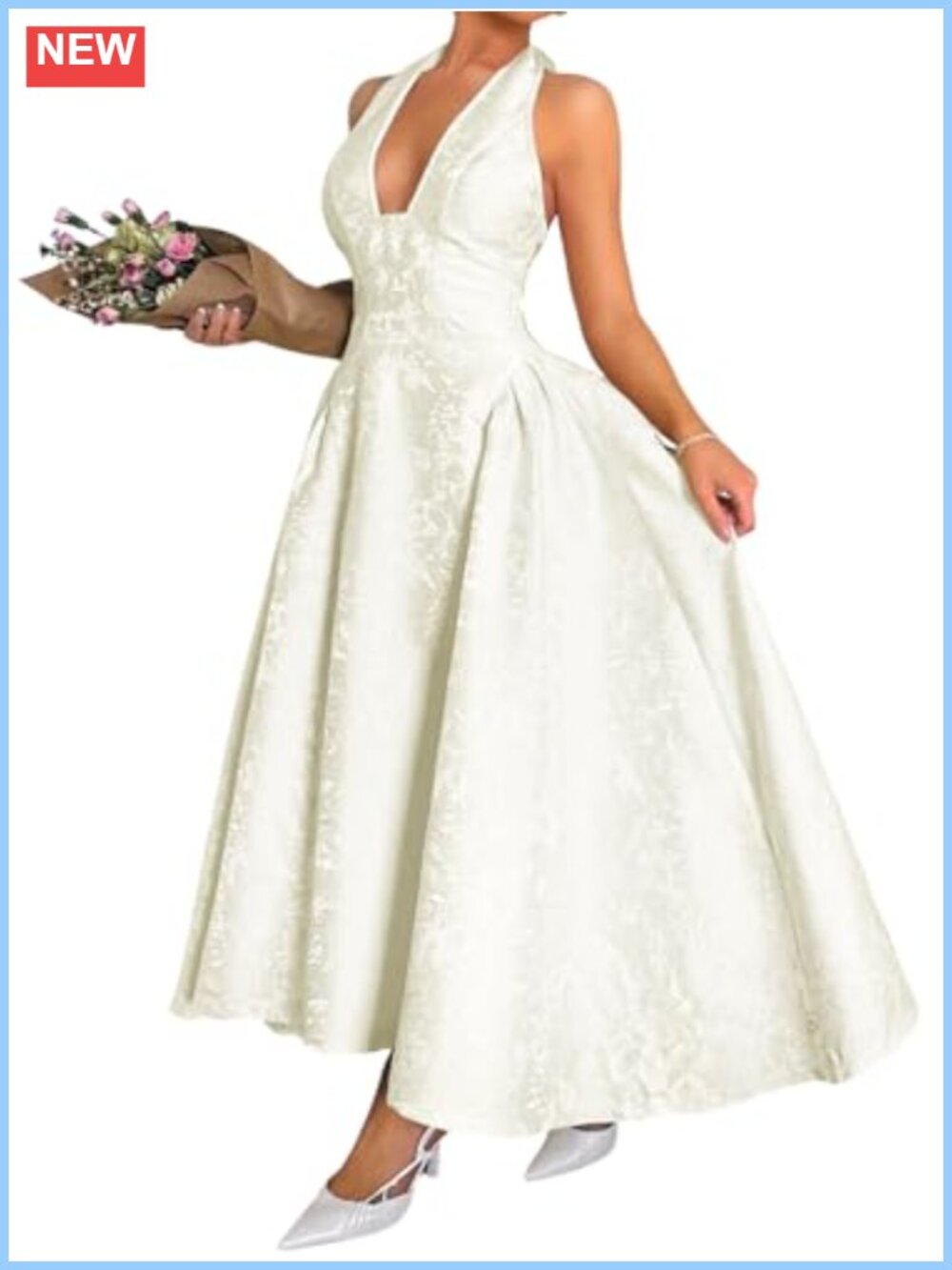 Jacquard V Neck A Line Maxi Dress Halter Corset Backless Wedding Guest Prom
